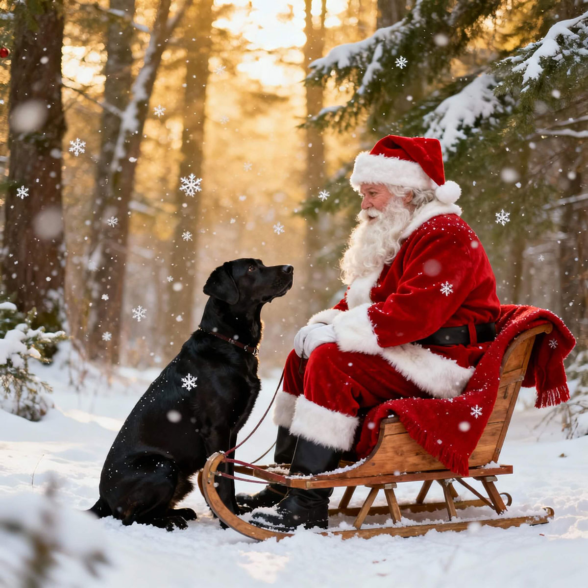 Santa Claus and a black Labrador together in a snowy forest scene