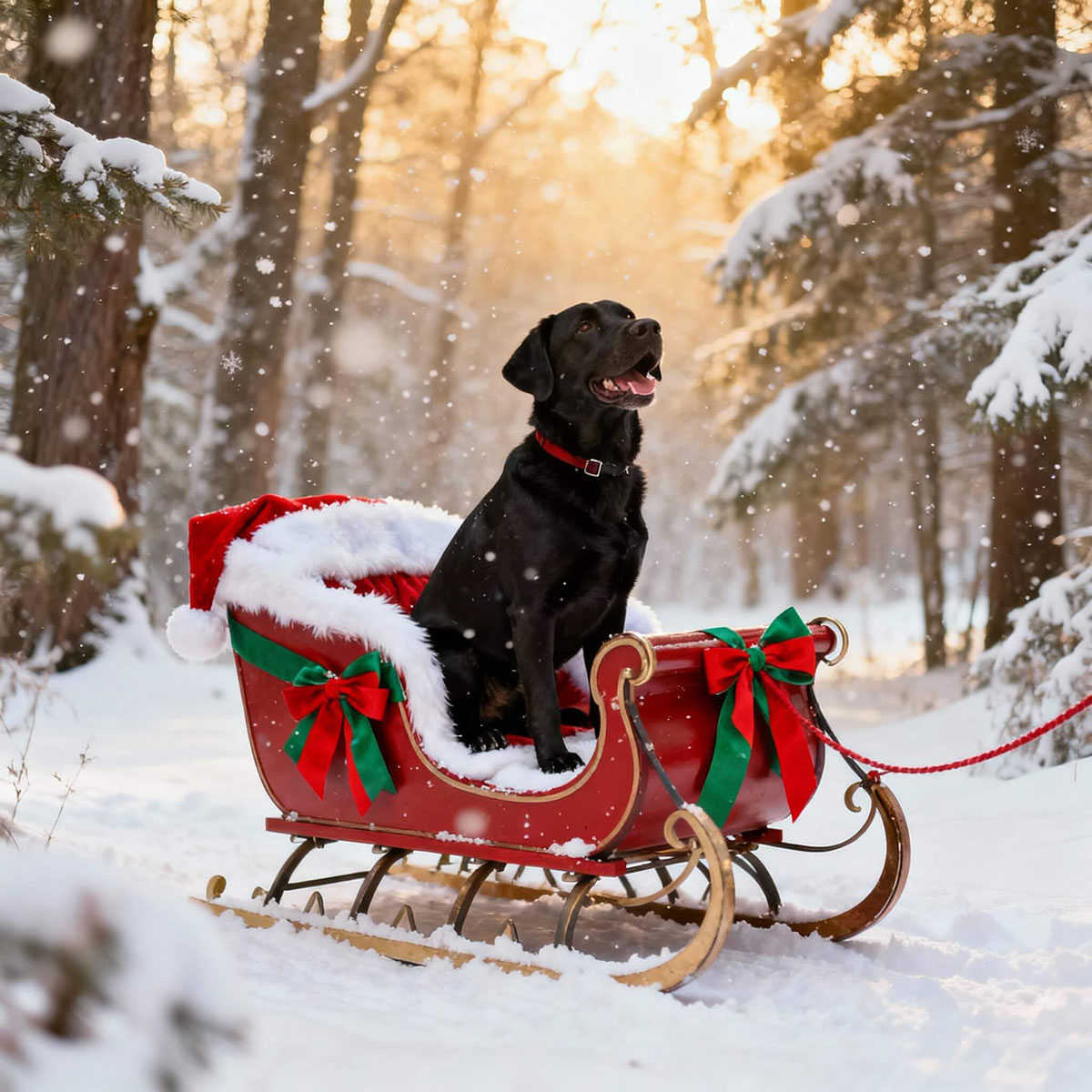 Black Lab in Christmas Sleigh